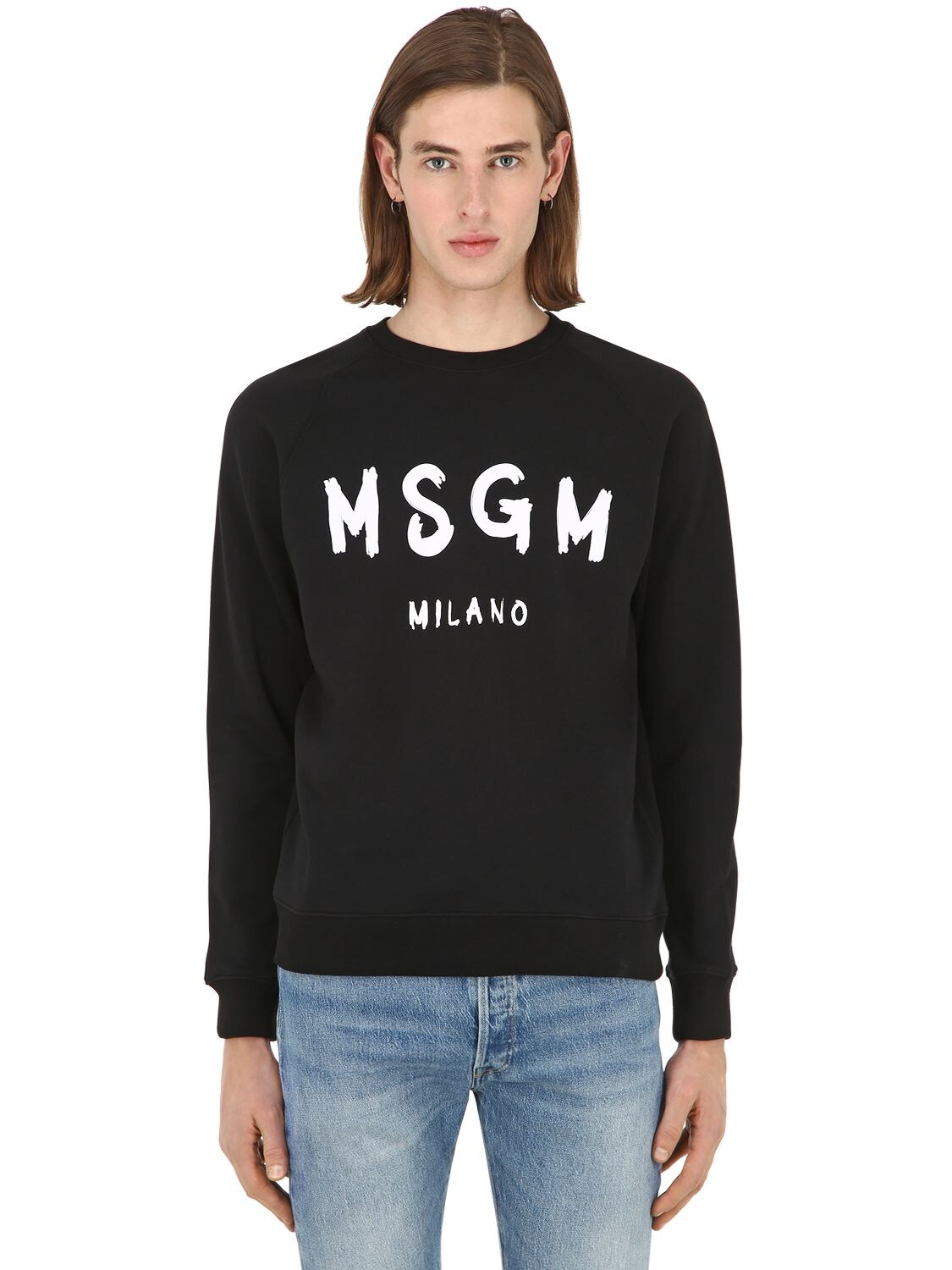 Shop Msgm Logo Print Brushed Cotton Sweatshirt In Black