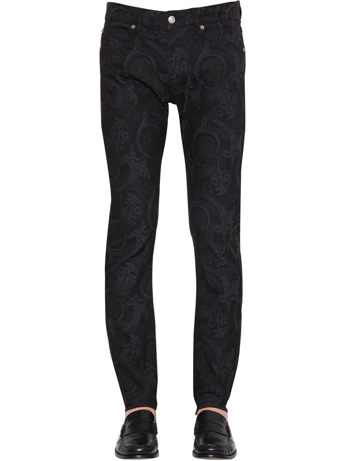 Versace Barocco Jacquard Denim Trousers In Black