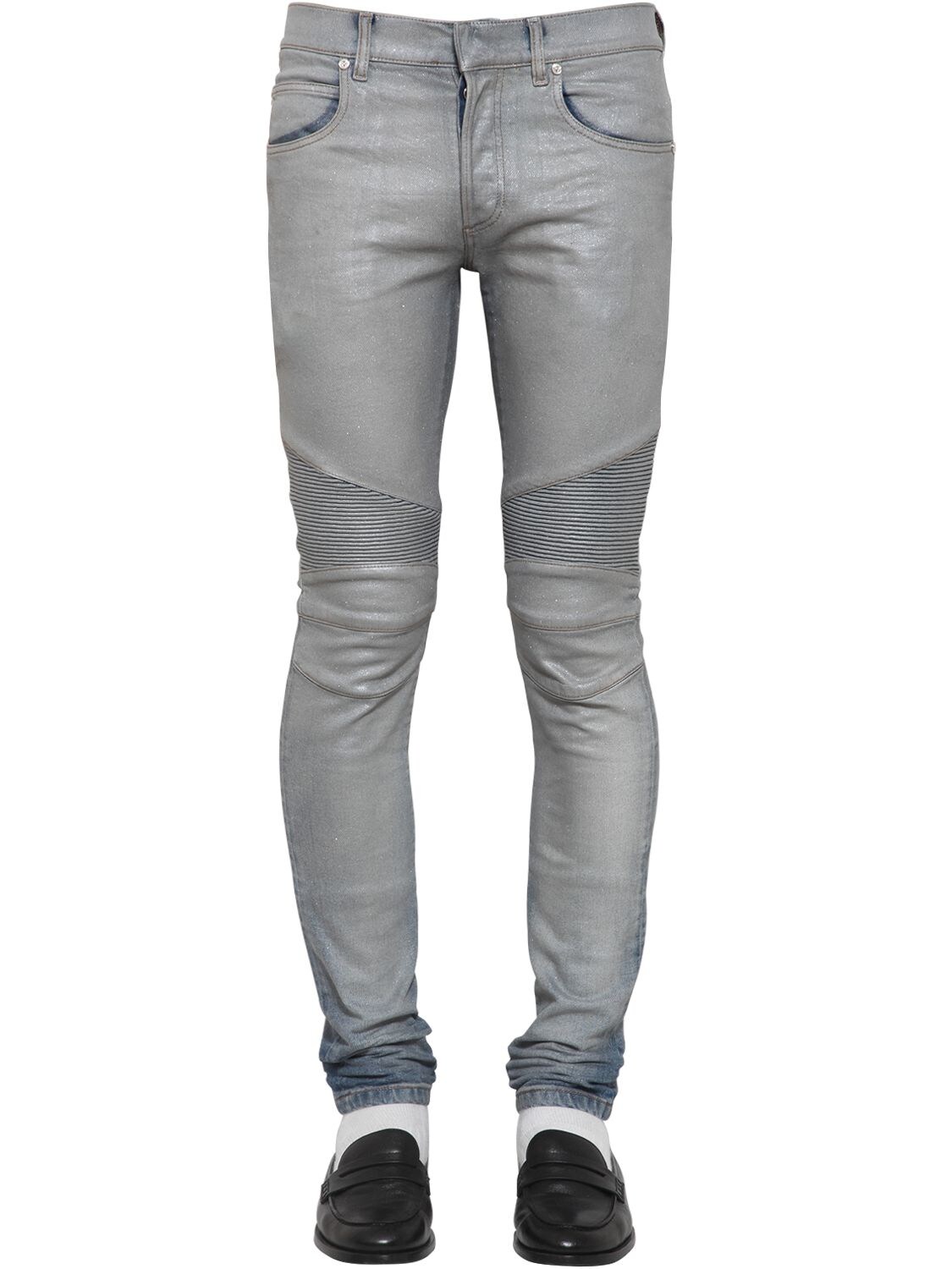 Balmain 15cm Slim Biker Cotton Denim Jeans In Grey | ModeSens