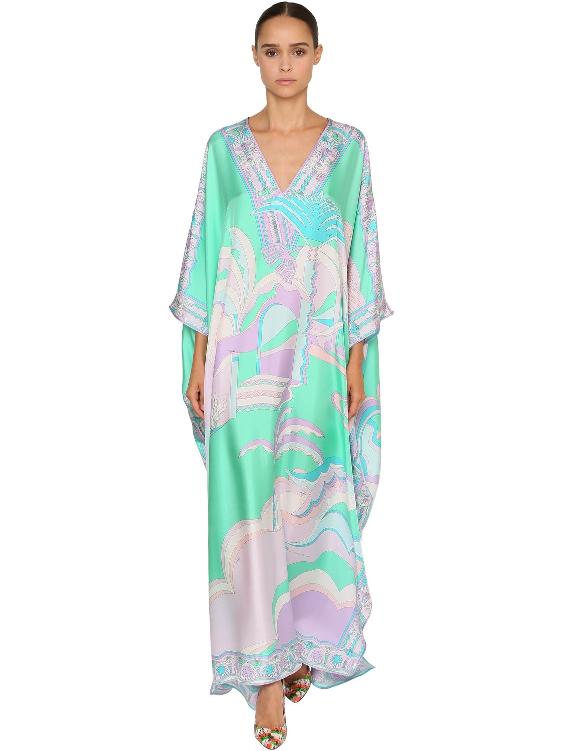 Emilio Pucci Printed Silk Twill Caftan Dress In Green/pink