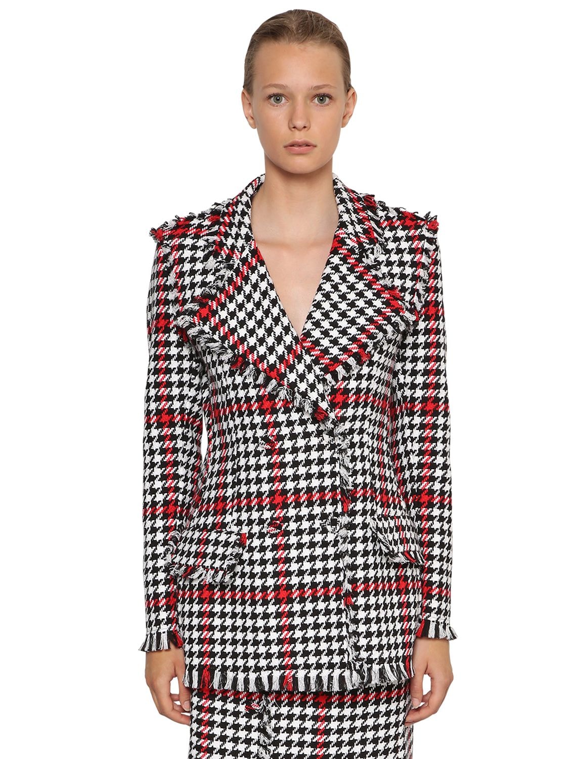 red and black tweed blazer