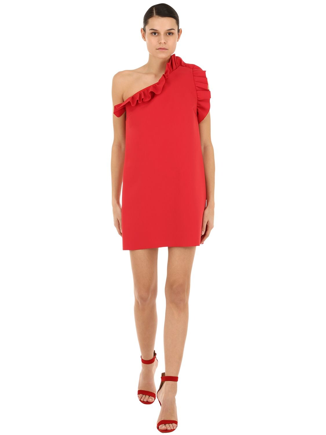 Msgm Ruffled One Shoulder Double Crepe Dress In Red