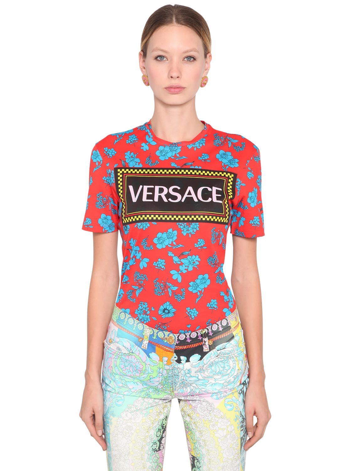 Versace Logo Print Cotton Jersey T-shirt In Multicolor