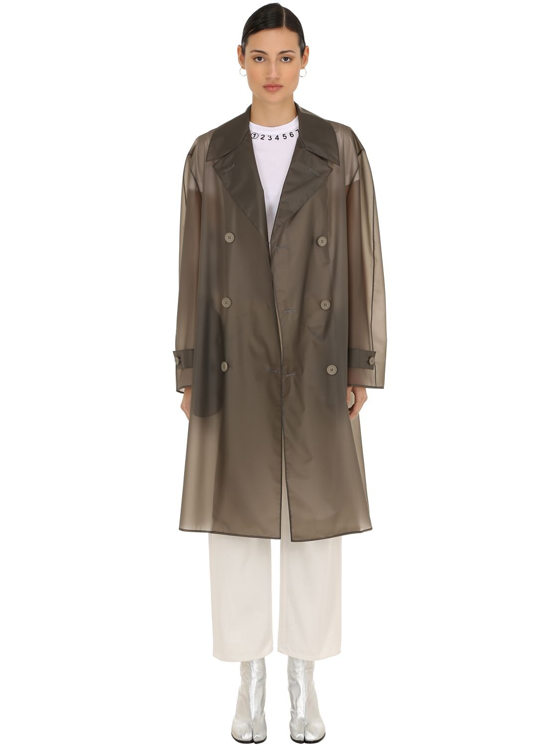 Maison Margiela Double Breasted Sheer Trench Coat In Grey