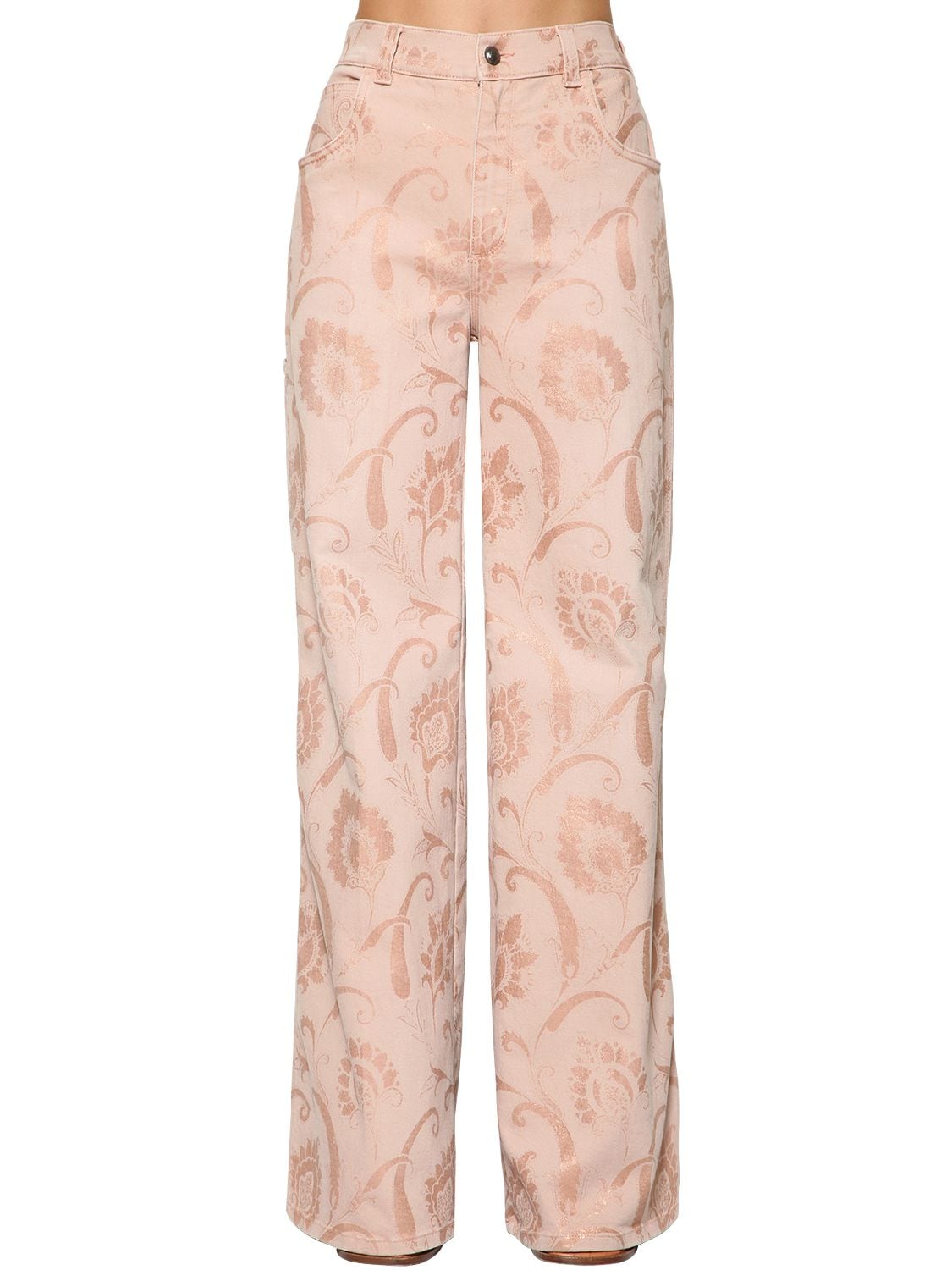 Etro Flared Cotton Denim Jacquard Jeans In Pink