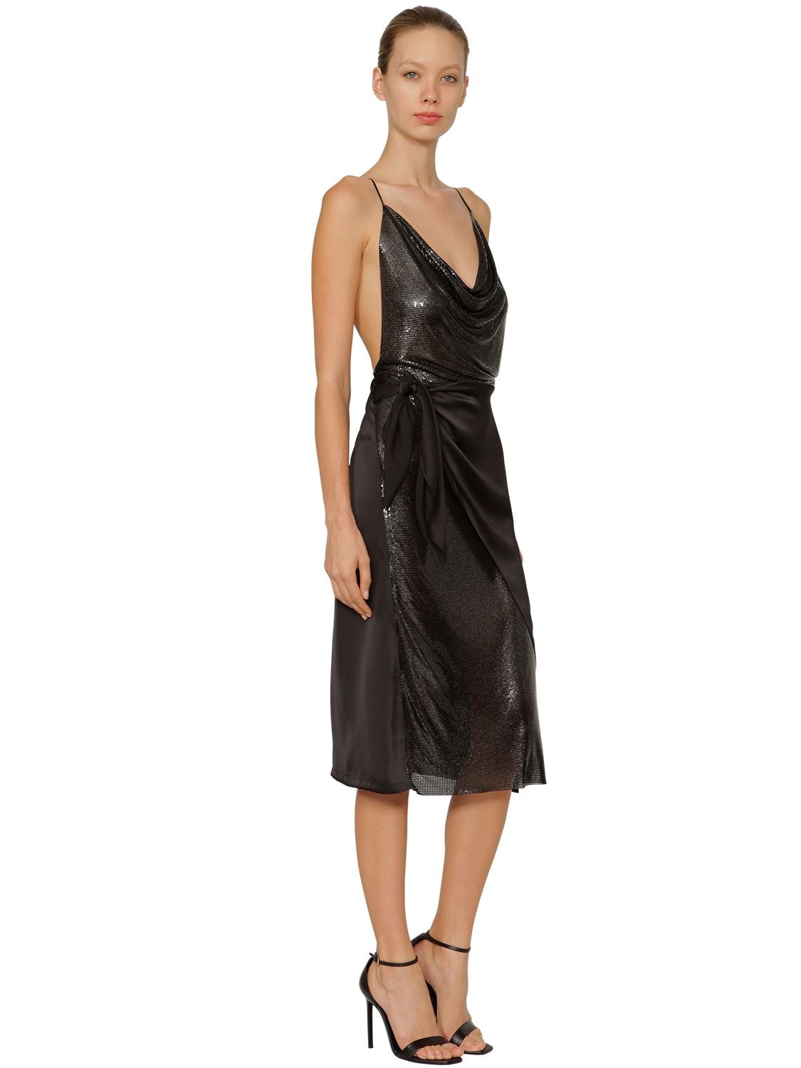 Paco Rabanne Draped Metal Mesh & Satin Midi Dress In Black | ModeSens