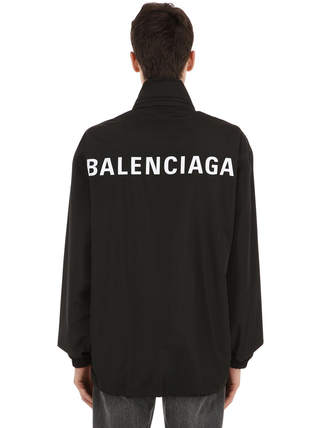 Balenciaga Hooded Logo Nylon Jacket In Black | ModeSens