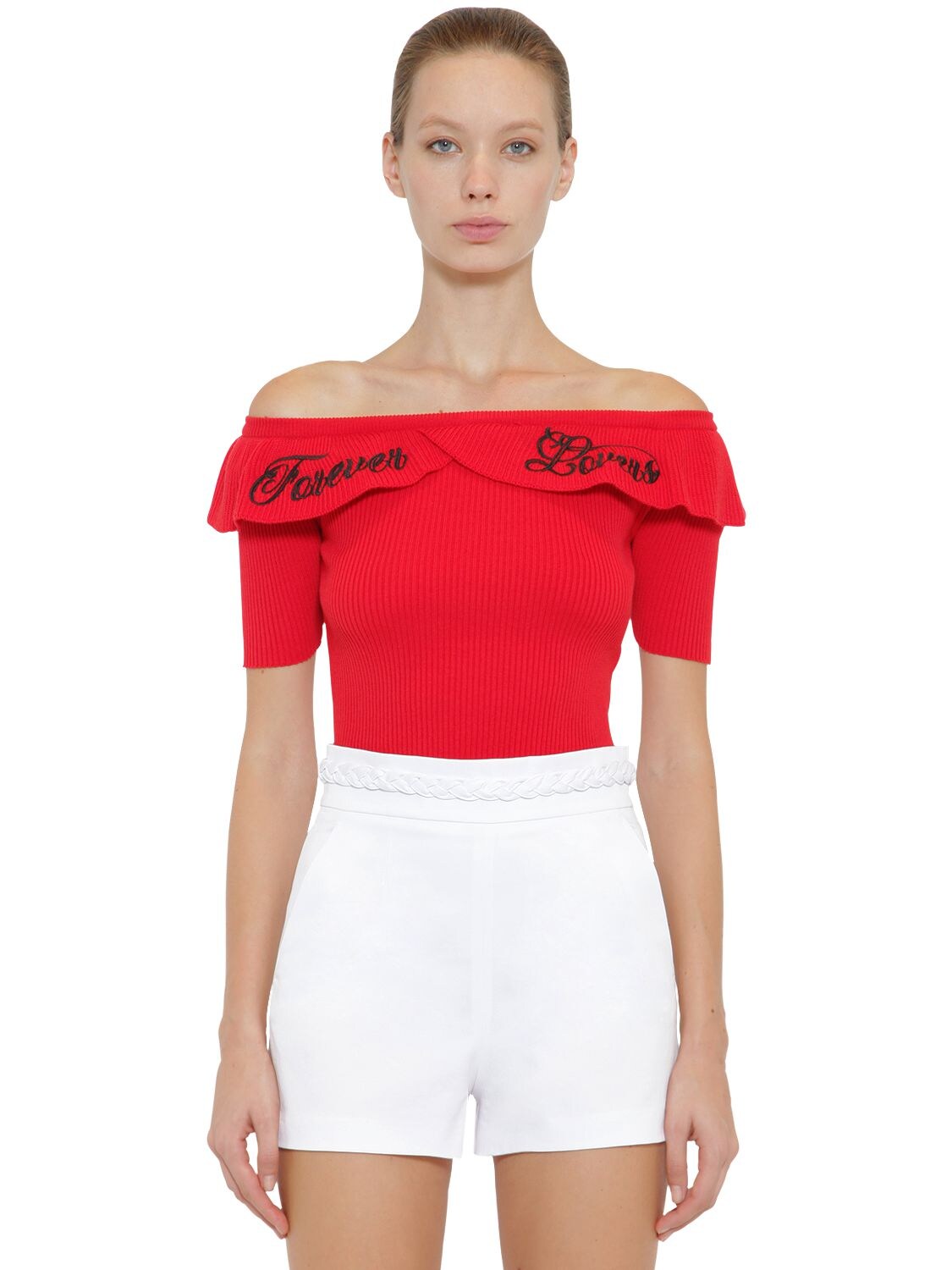 Red Valentino Strapless Cotton Rib Knit Sweater In Red