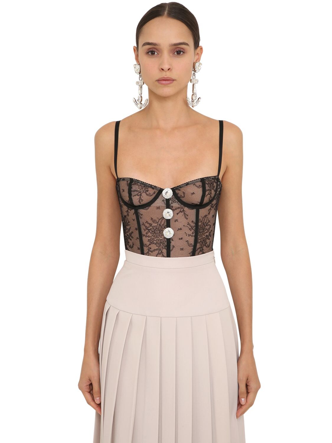 Alessandra Rich Embellished Button Lace Bustier In Black