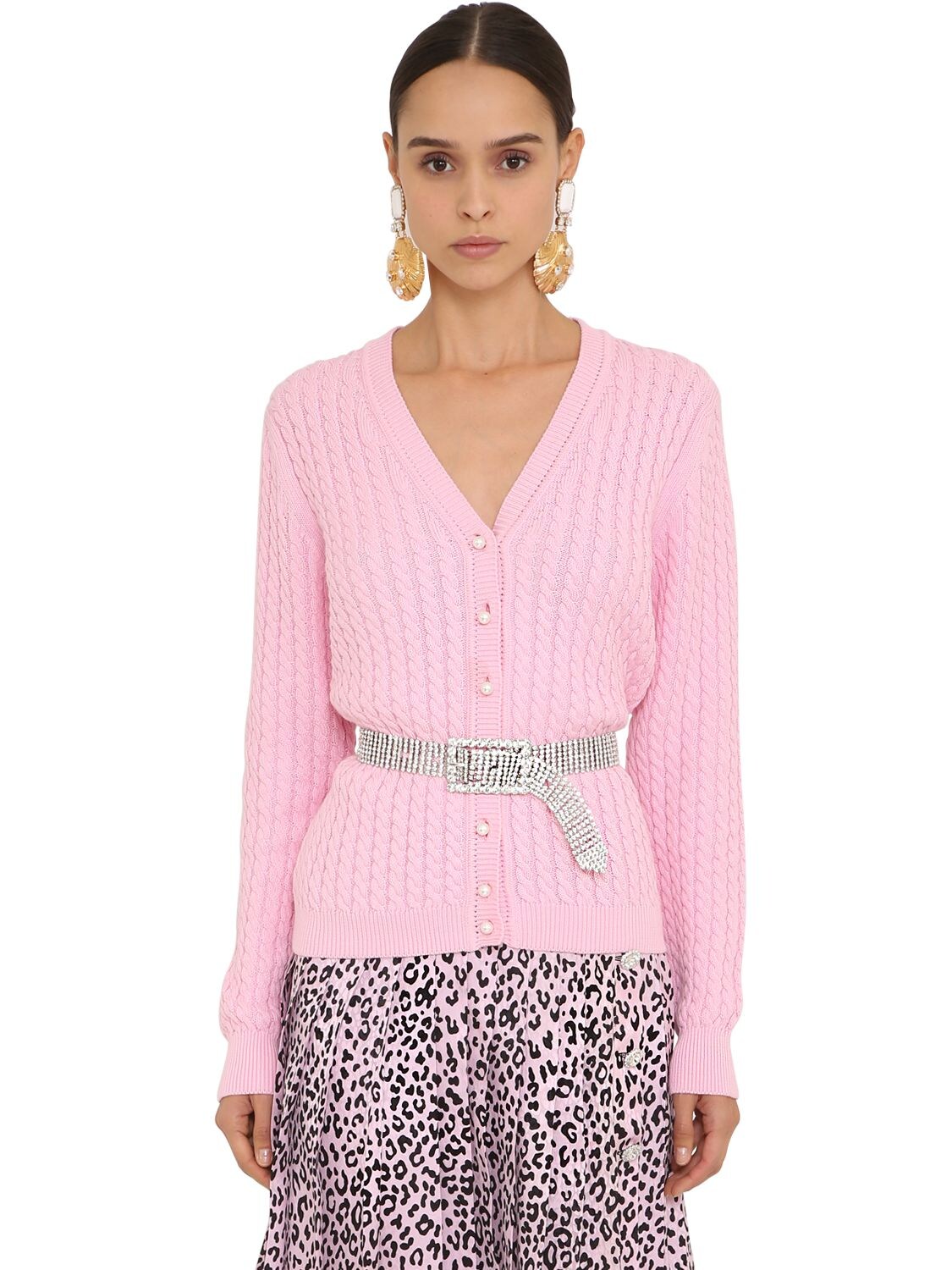 Alessandra Rich Faux Pearl-button Cotton-blend Cardigan In Pink