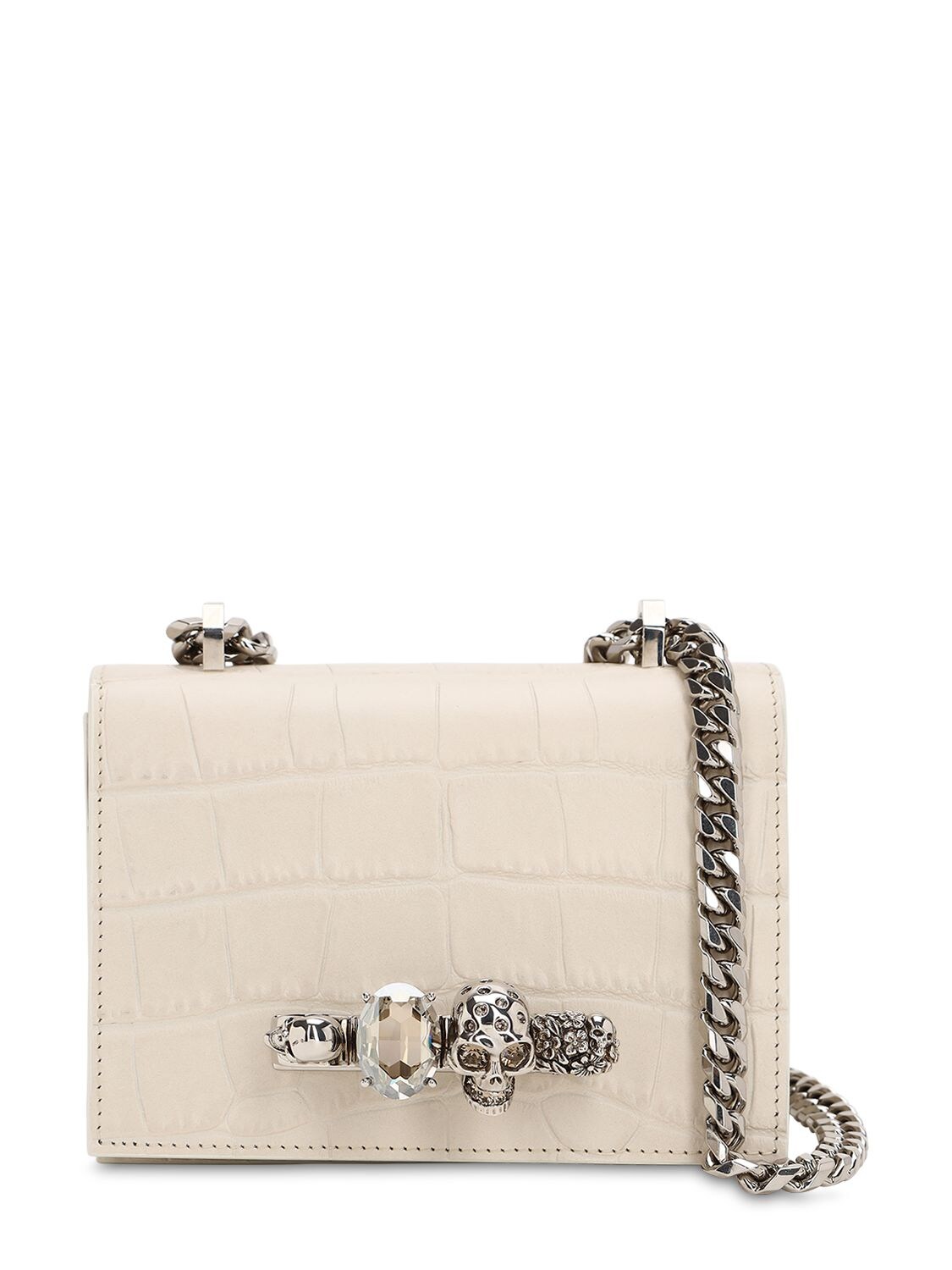 Alexander Mcqueen Small Croc Embossed Leather Satchel Bag In White