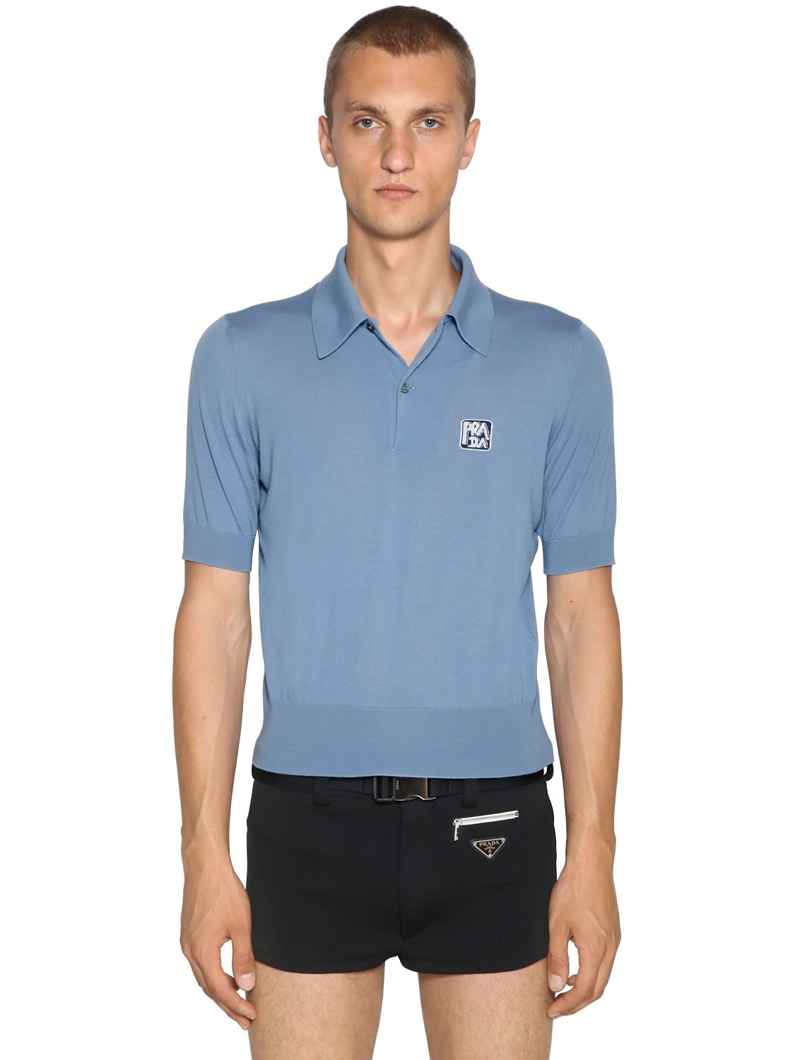 Prada Wool Polo Shirt W/ Logo Patch In Light Blue