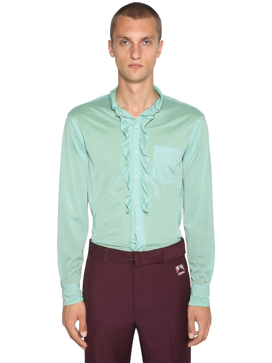 Prada Ruffled Jersey Shirt In Mint