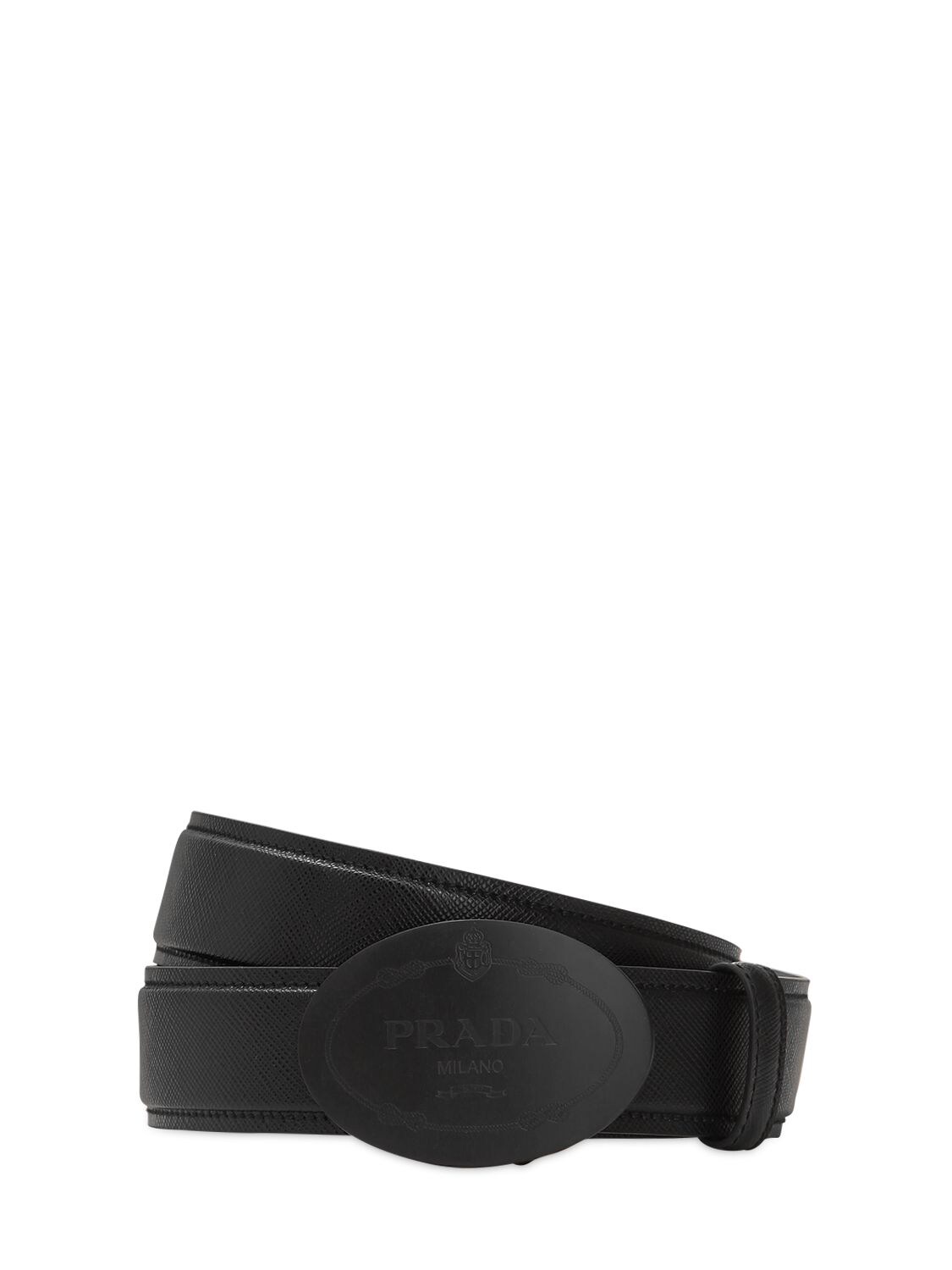 Prada Saffiano Leather Belt W/ Oval Buckle In Black