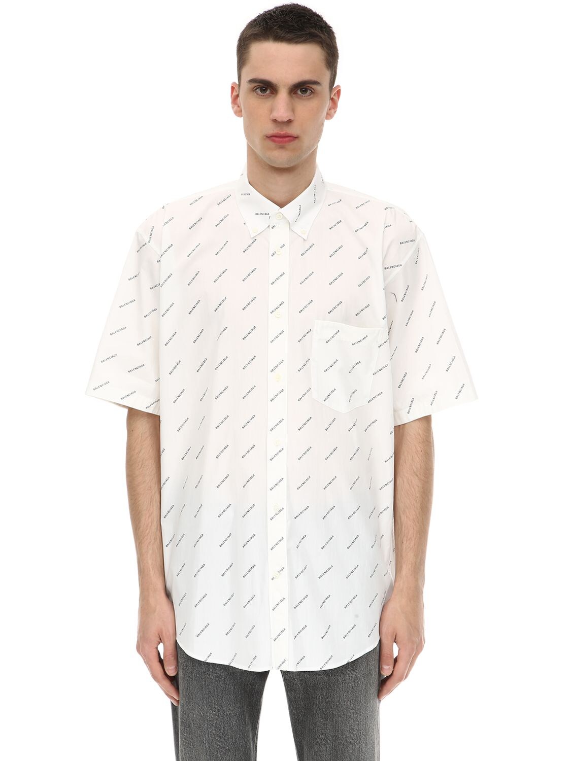 Button Down Collar Logo Print Cotton Poplin Shirt in White Button Down Collar Logo Print Cotton Poplin Shirt in White