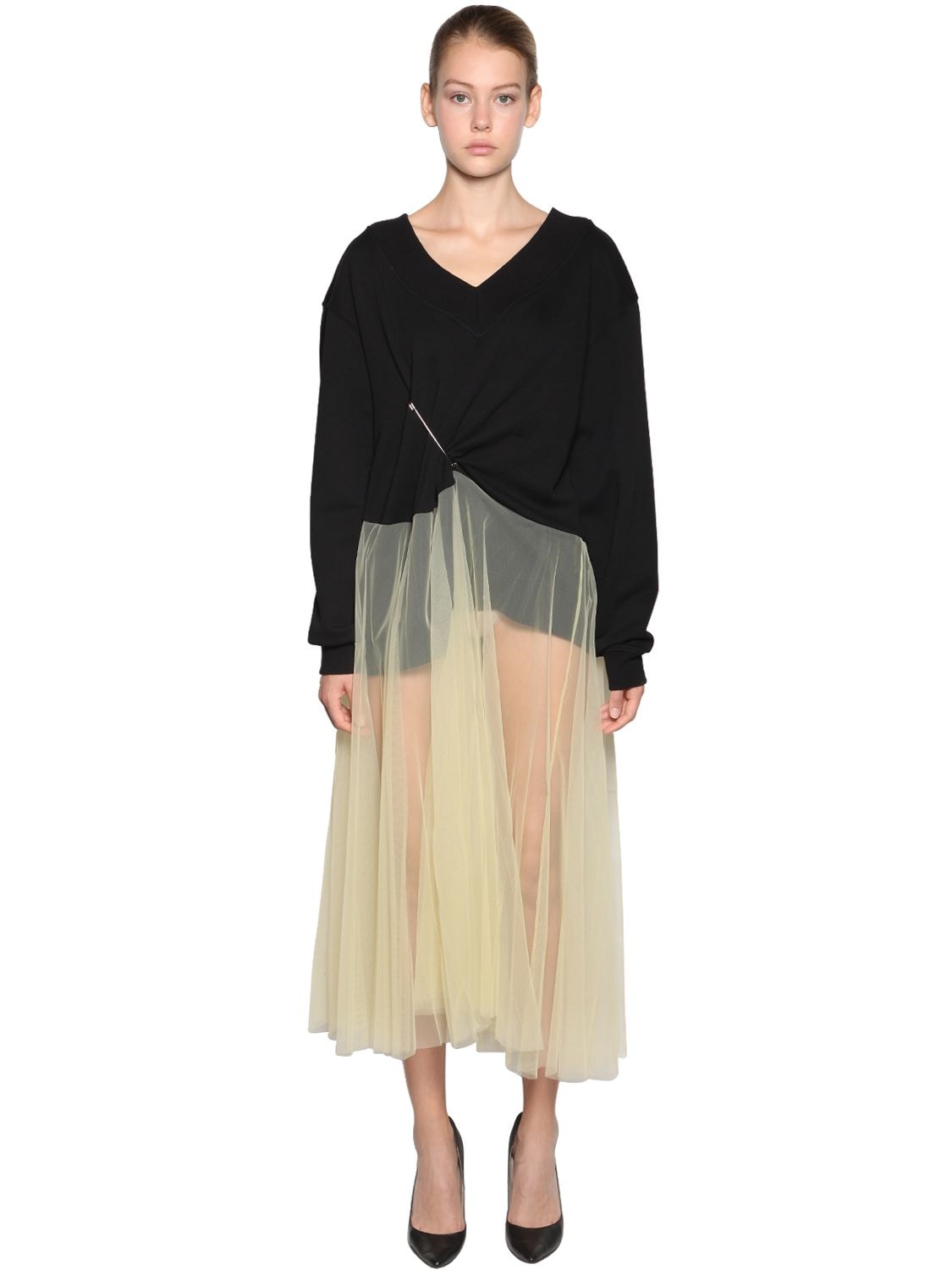 Act N°1 Cotton Sweater W/ Tulle Skirt Dress In Black,yellow