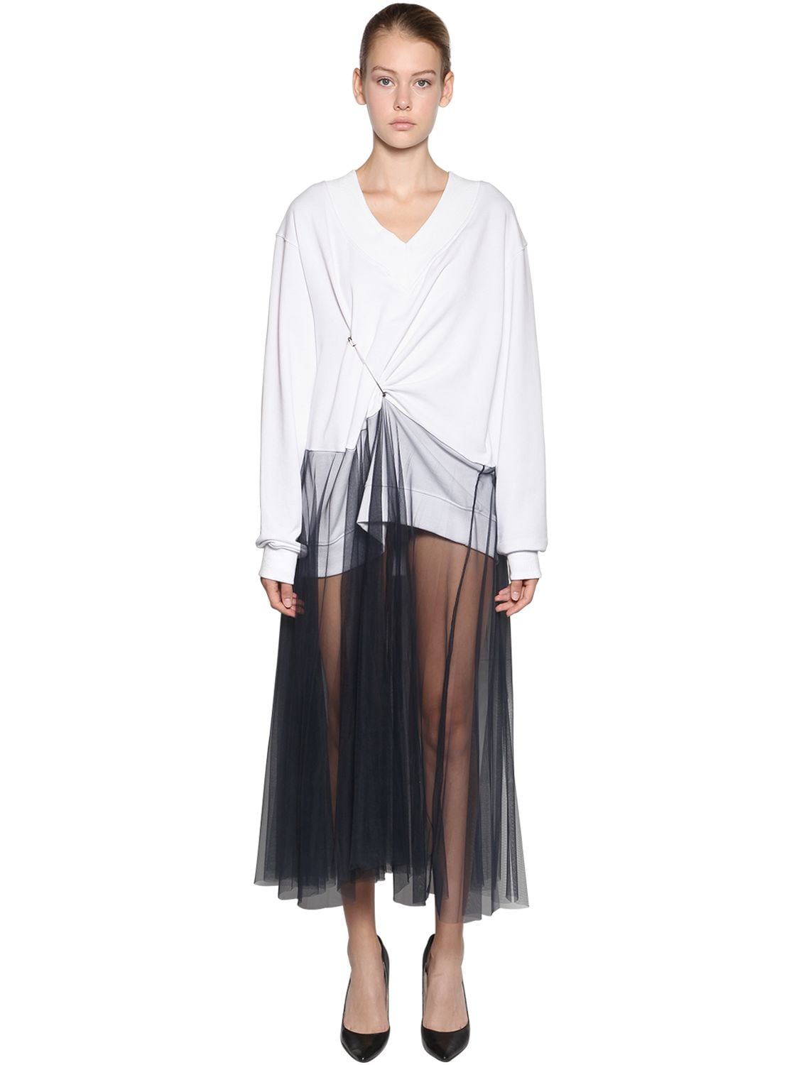Act N°1 Cotton Sweater W/ Tulle Skirt Dress In White,black