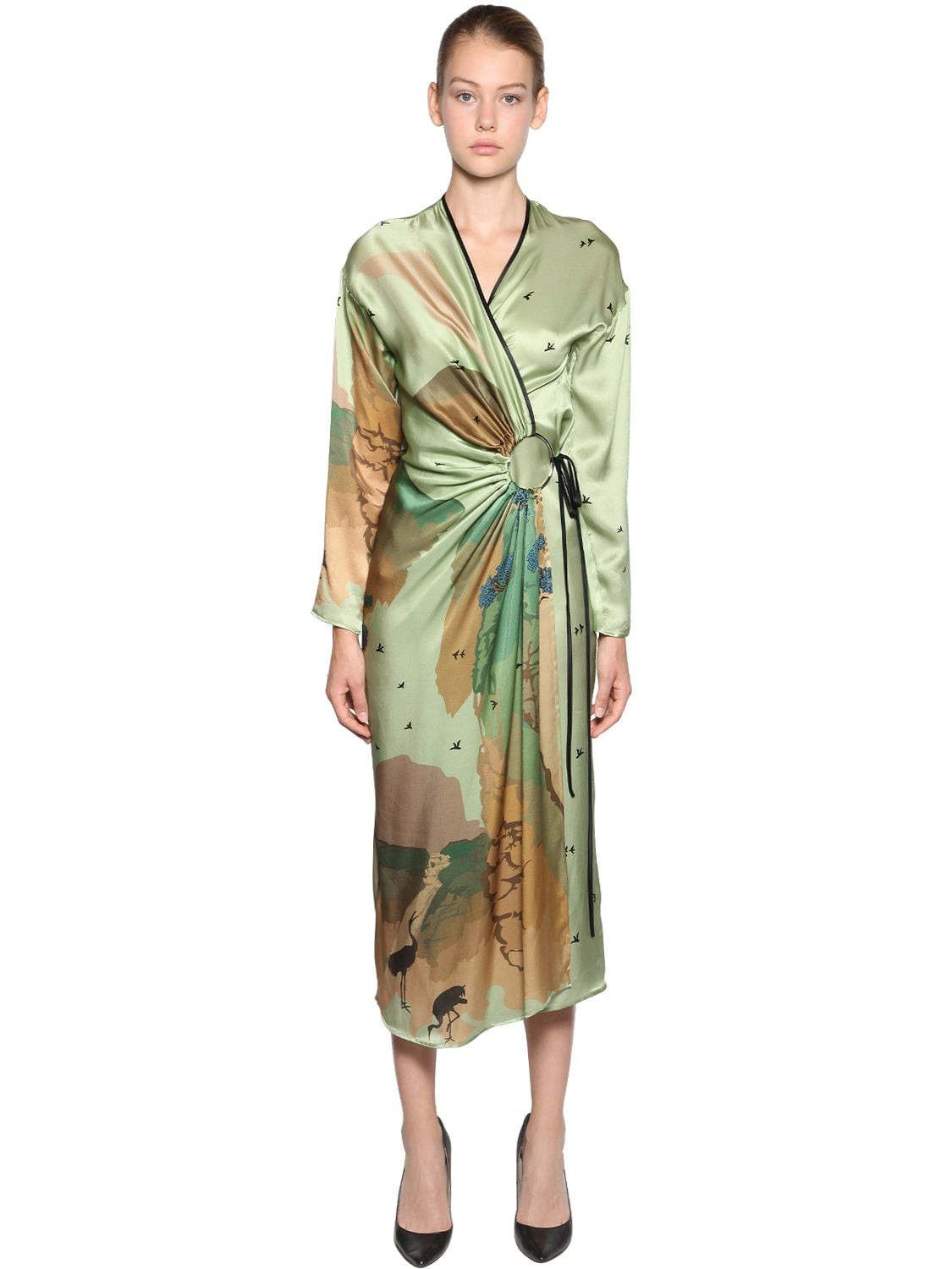 Act N°1 Asian Print Silk Satin Wrap Dress In Green
