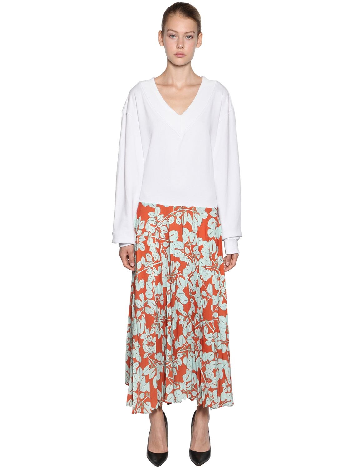 Act N°1 Pleated Skirt W/ Cotton Sweater Dress In White,orange