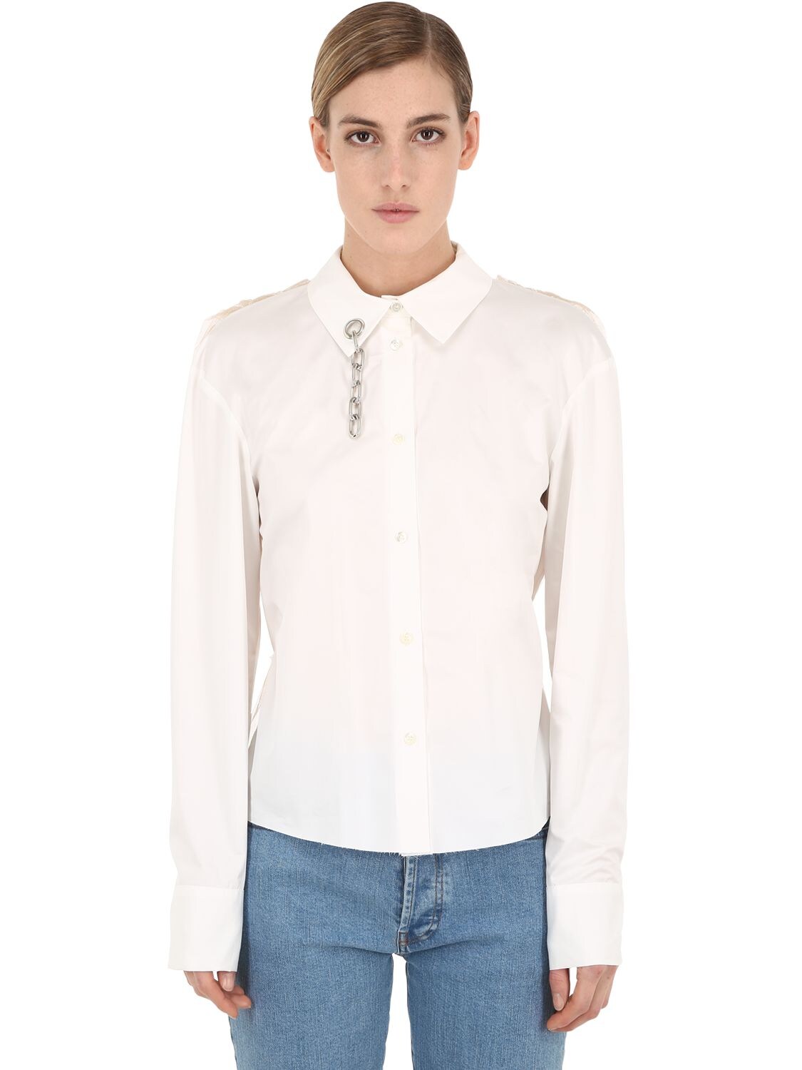 Act N°1 Cotton & Tulle Shirt W/ Chain Detail In White,beige