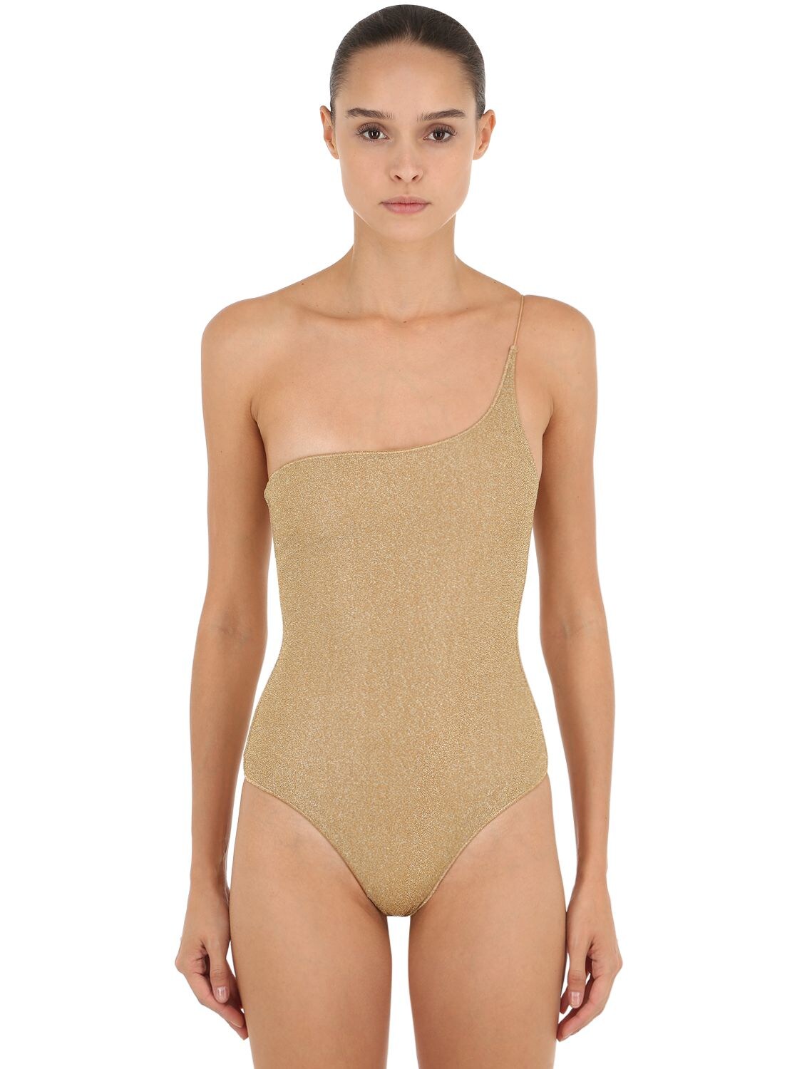 Oséree Swimwear One Shoulder Lurex & Lycra Swimsuit In Gold