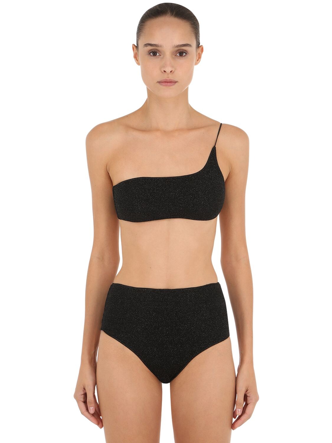 Oséree Swimwear One Shoulder Lurex & Lycra Bikini In Black