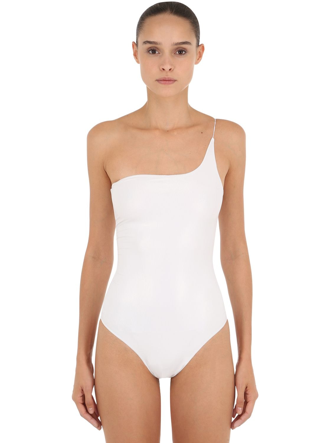 Oséree Swimwear One Shoulder Latex One Piece Swimsuit In White