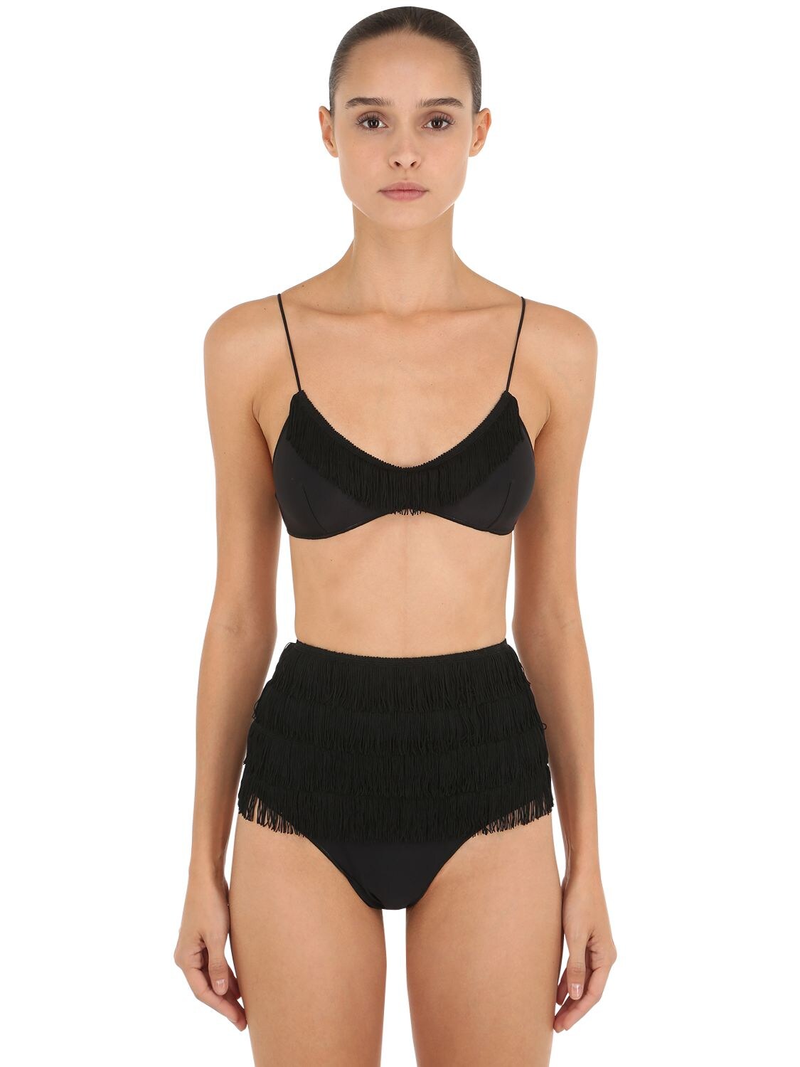 Oséree Swimwear Charleston Fringed High Waisted Bikini In Black