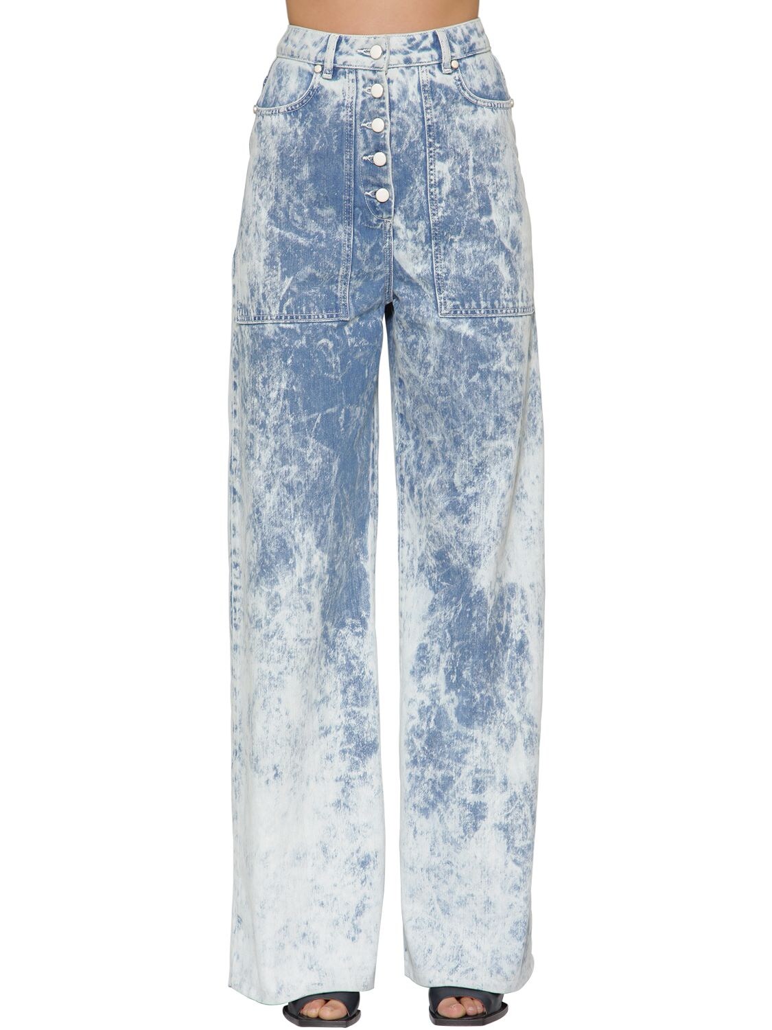 Aalto Tie Dye Flared Cotton Denim Jeans In Blue,white