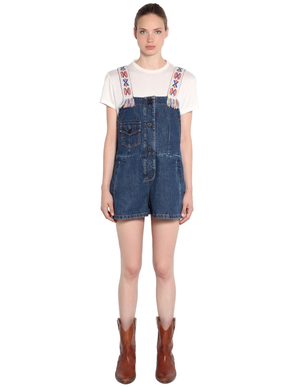 Alanui Embroidered Strap Cotton Denim Jumpsuit In Blue
