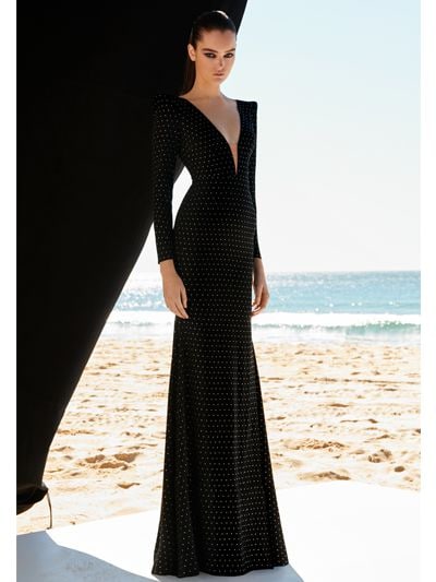 Alex Perry Crystal Embellished Long Crepe Dress In Black