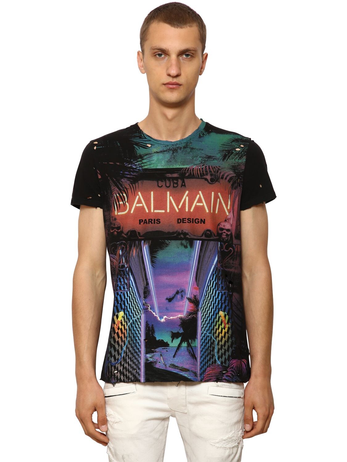 DESTROYED PRINTED COTTON JERSEY T-SHIRT
