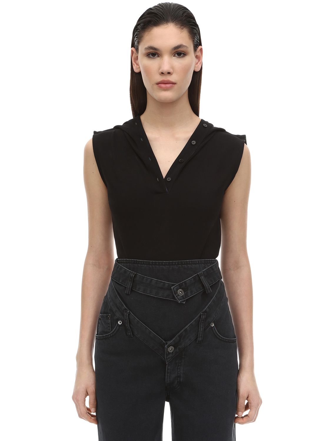 Y/project Sleeveless Cotton Jersey Polo Bodysuit In Black
