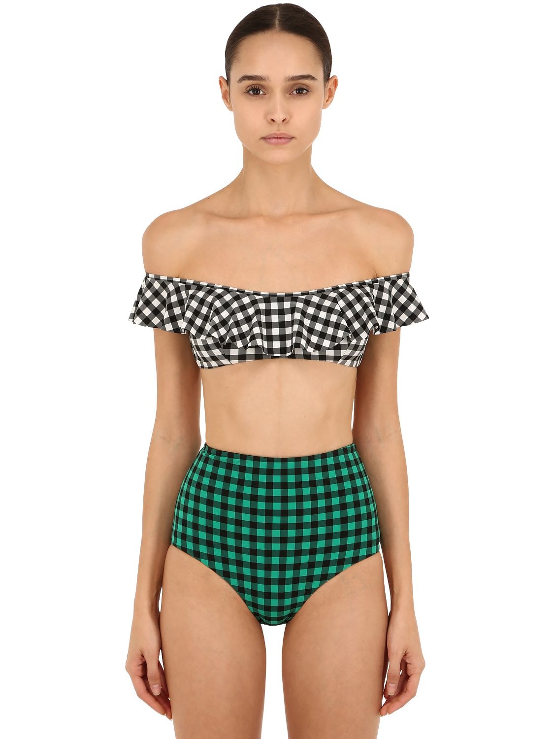 Albertine Vichy W7 Ruffle & High Waist Bikini Set In Green,black