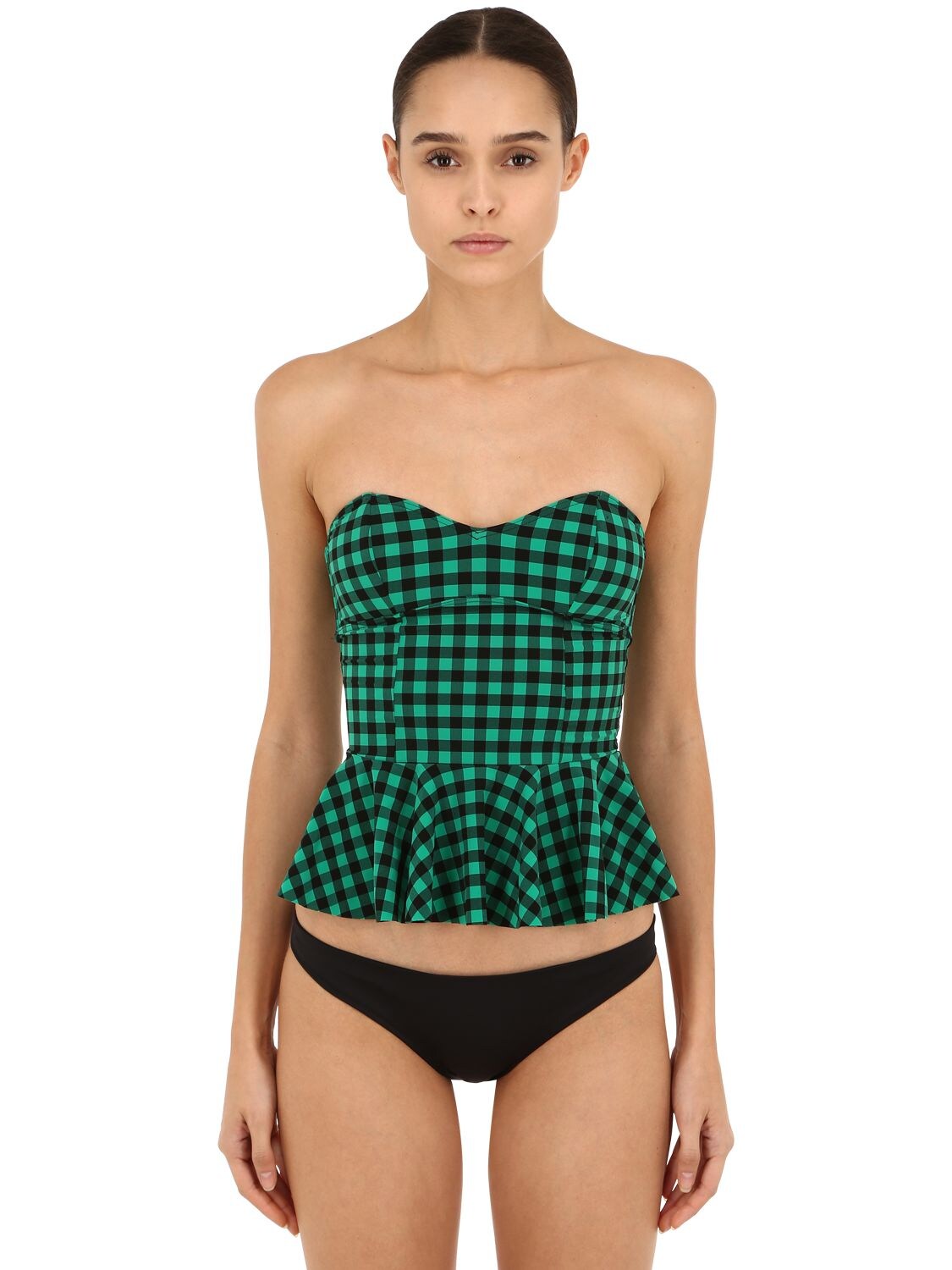 Albertine Printed Bustier Bikini Set W/ Ruffles In Green,black