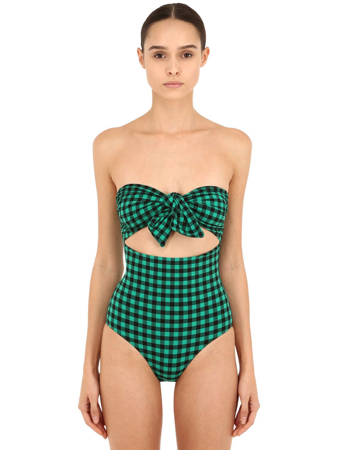 Albertine Lina Vichy One Piece Bustier Swimsuit In Green,black