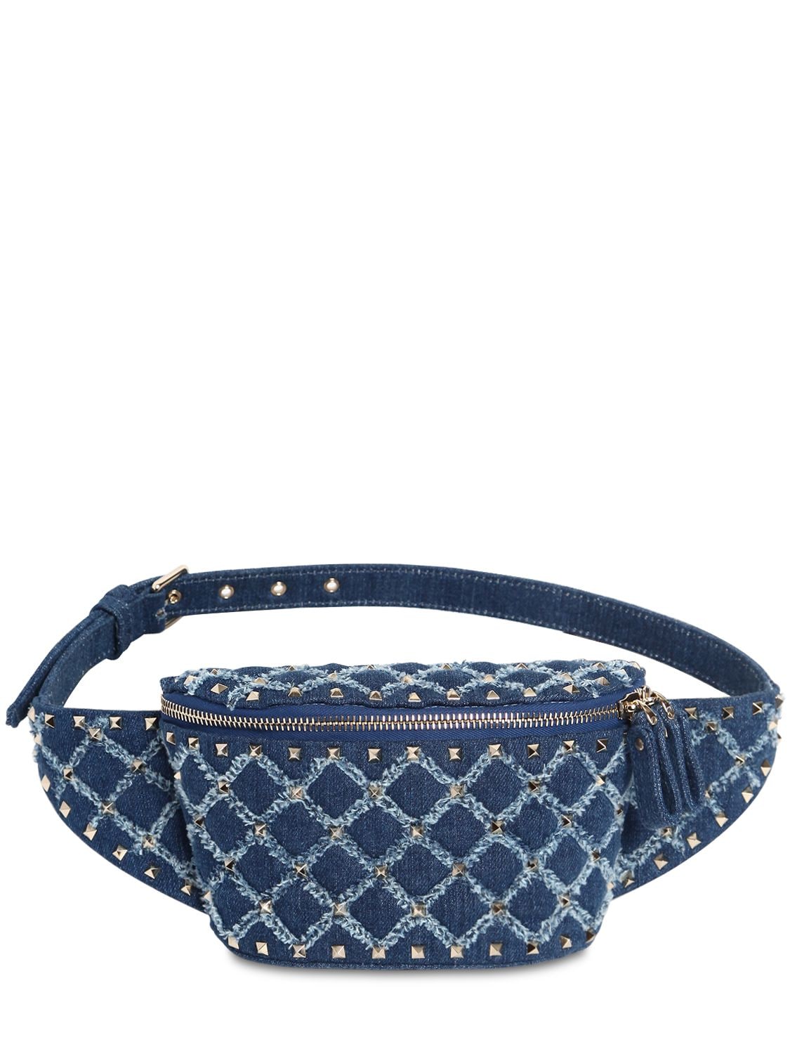 Valentino Garavani Spike Embellished Cotton Denim Belt Bag