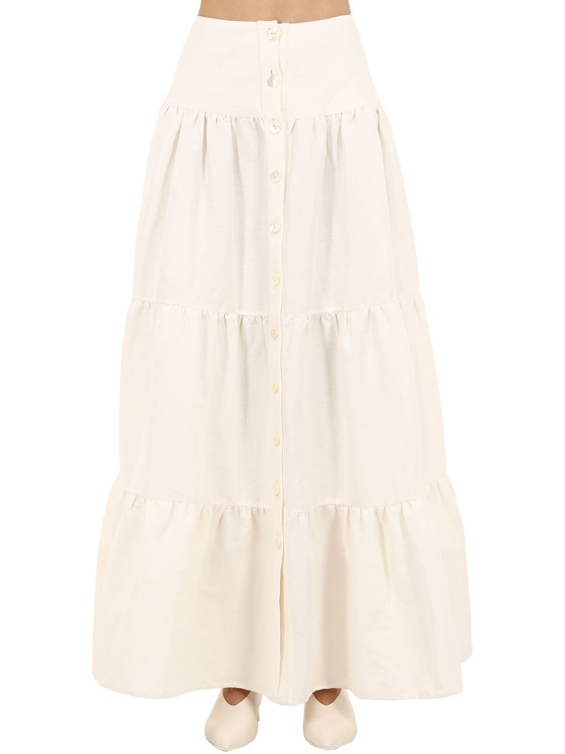 Caftanii Tiered Linen Maxi Skirt In White