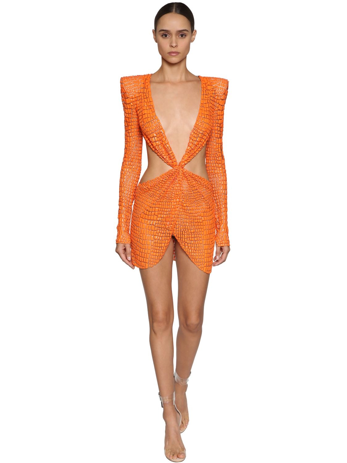 Julien Macdonald Cut Out Bead Embellished Mini Dress In Orange