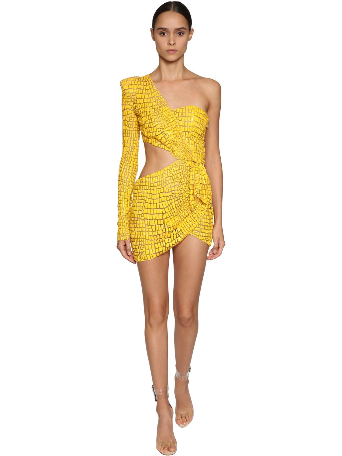Julien Macdonald Cut Out Bead Embellished Mini Dress In Yellow