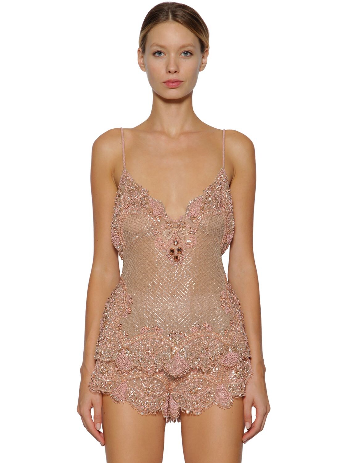 Dsquared2 Embroidered Silk & Lace Baby Doll Dress In Nude
