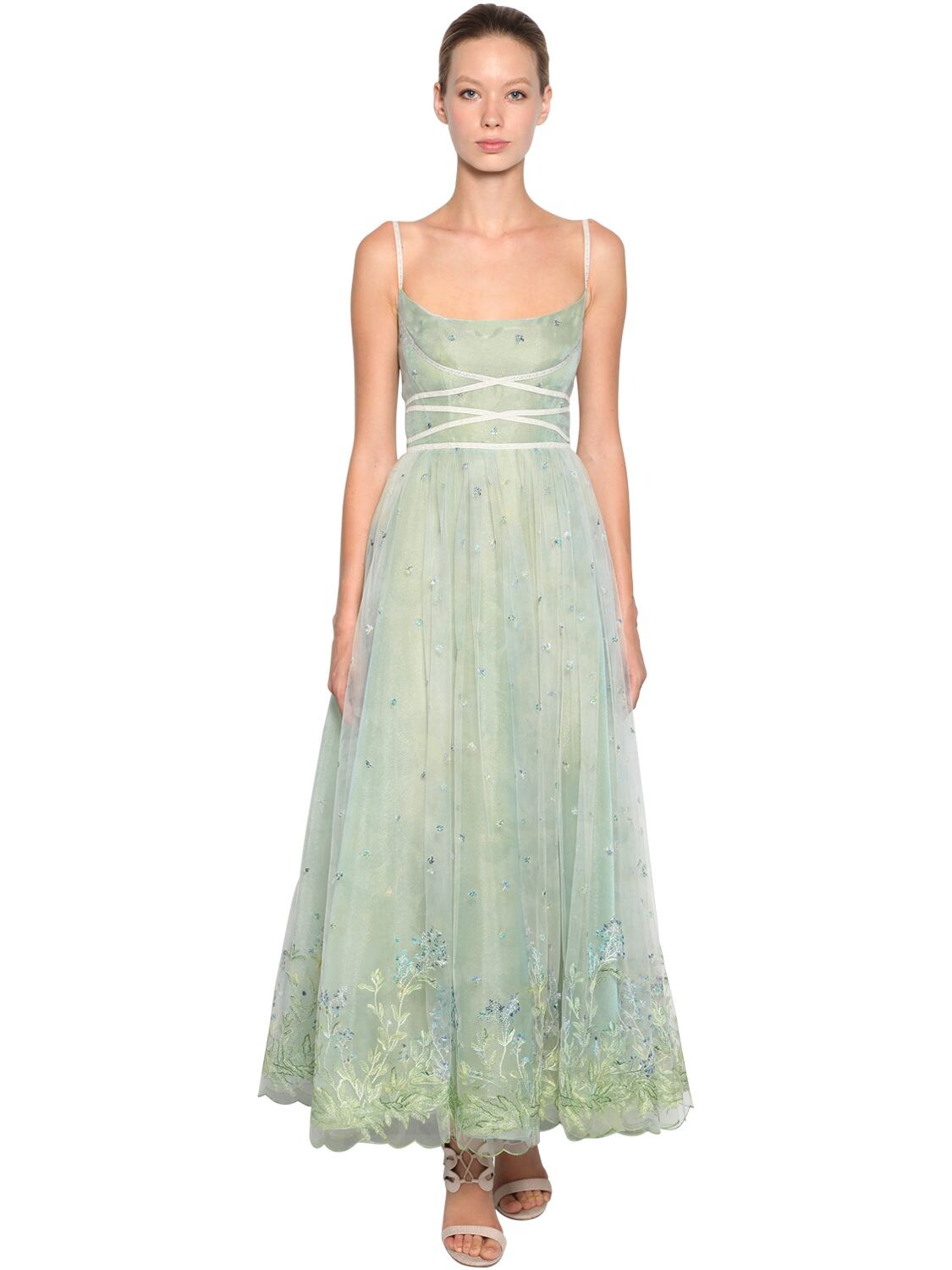 Luisa Beccaria Embroidered Tulle Dress In Green,blue