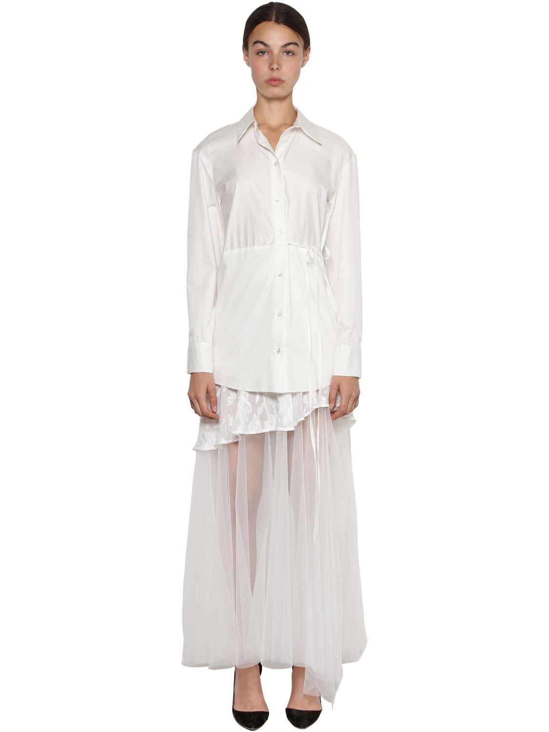 Act N°1 Cotton Poplin & Tulle Dress In White