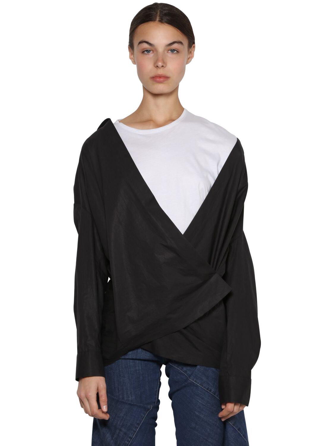 Act N°1 Oversize Cotton Shirt & Jersey T-shirt In Black,white