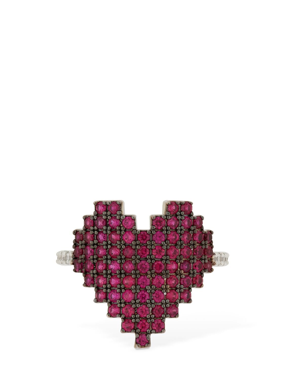 Apm Monaco Silver Pixel Red Heart Ring In Fuchsia,silver