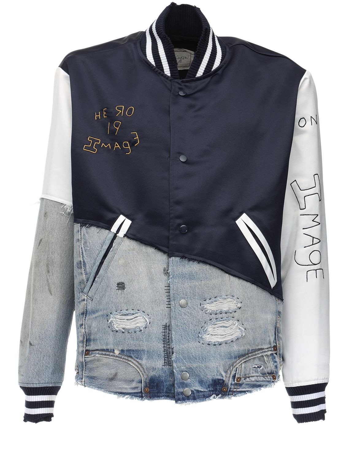 GREG LAUREN VISCOSE & COTTON DENIM VARSITY JACKET,69IWQO004-TKFWWSAVIERFTKLNIEJM0