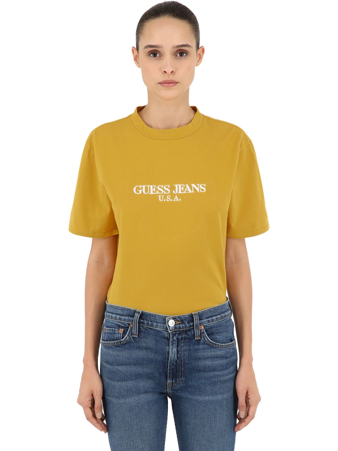 Guess Jeans U.s.a. Logo Printed Cotton Jersey T-shirt In Yellow