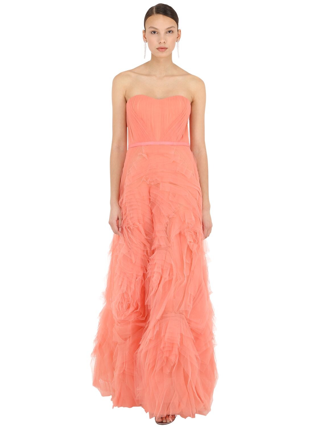 Marchesa Notte Long Textured Tulle Dress In Coral ModeSens