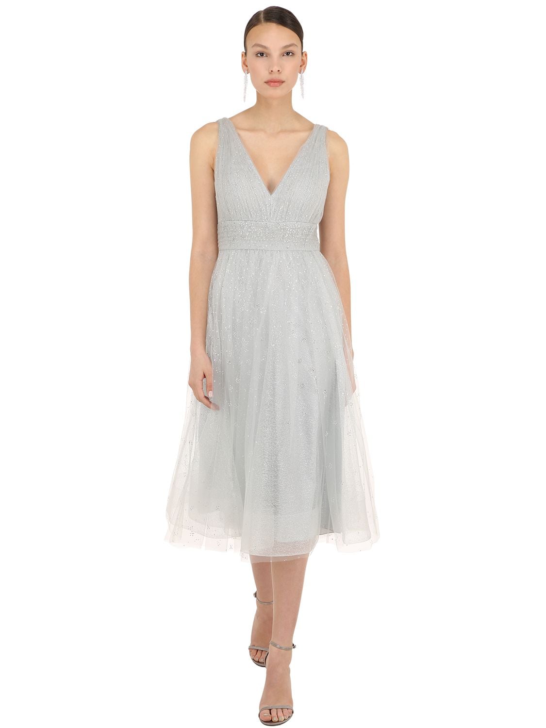 Marchesa Notte Metallic Tulle Midi Dress In Silver ModeSens