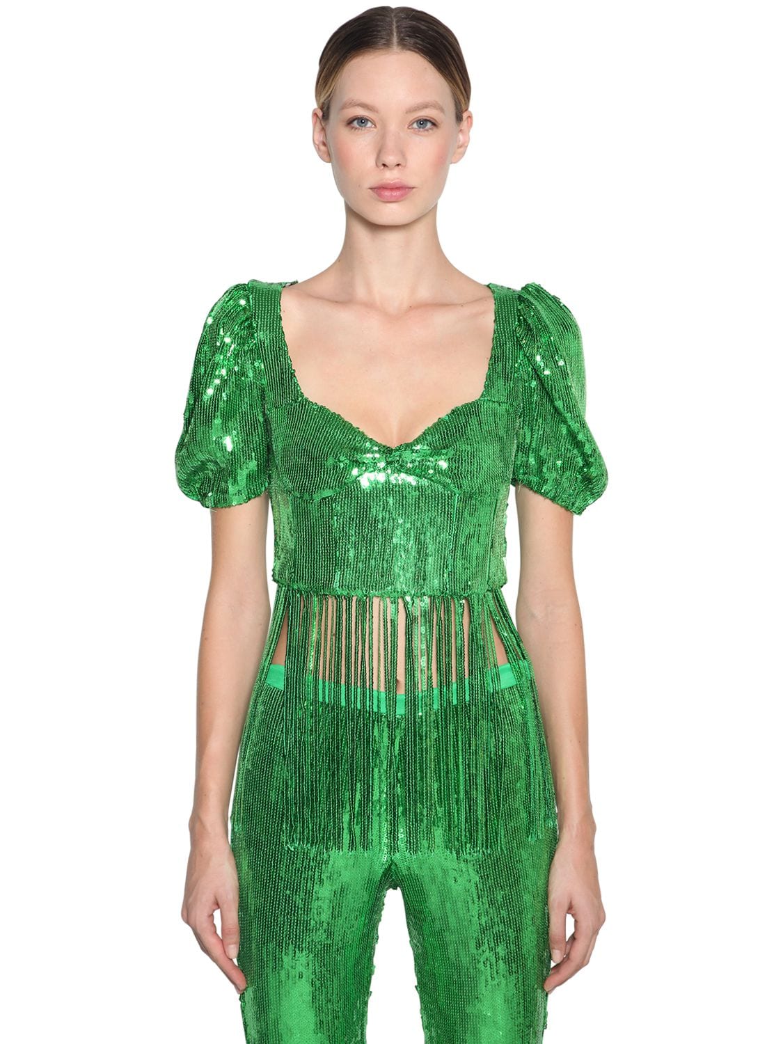 Giuseppe Di Morabito Sequined & Fringed Crop Top In Green